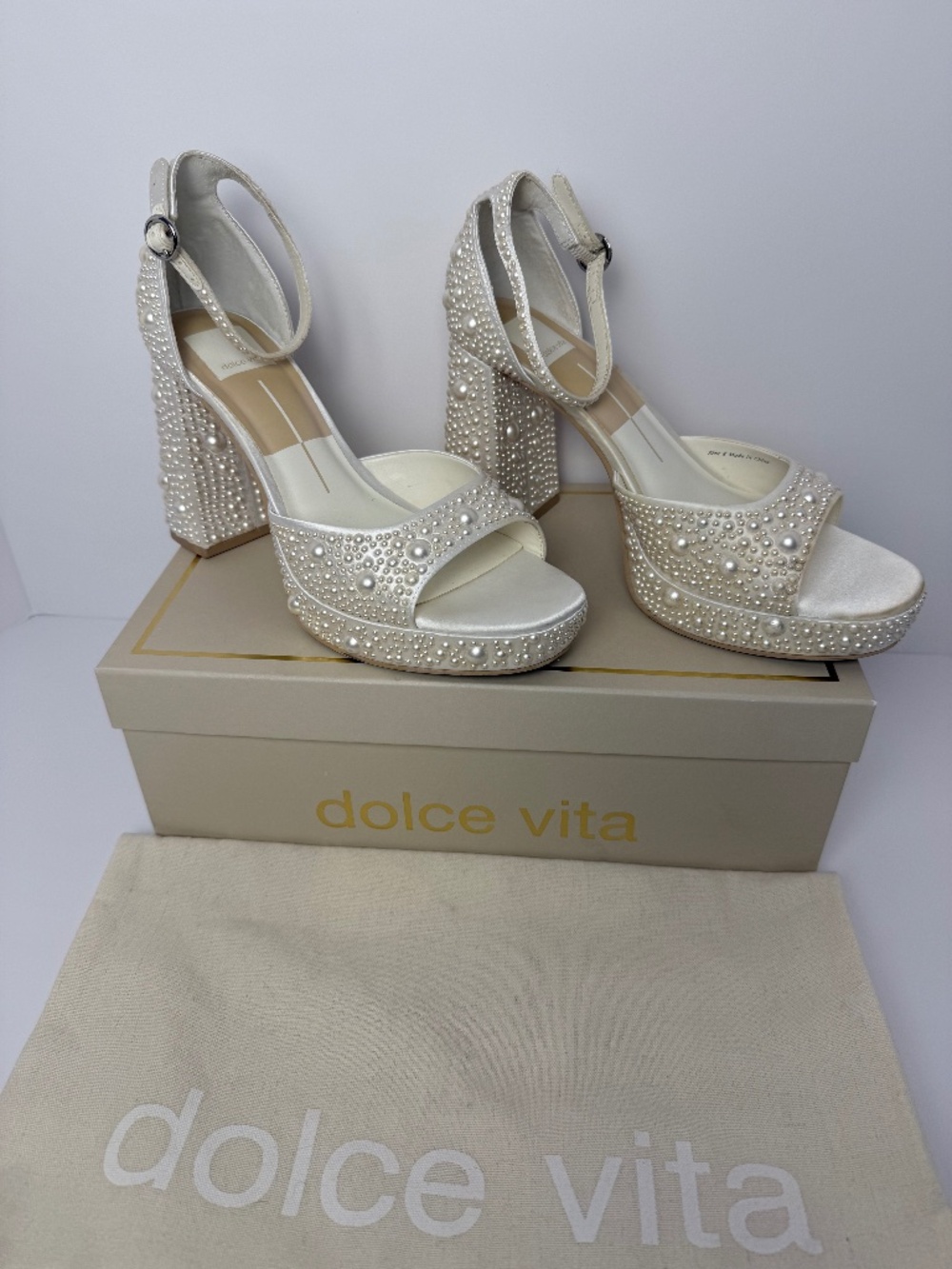 Dolce Vita White Satin Platform Heels with Pearl embellishments